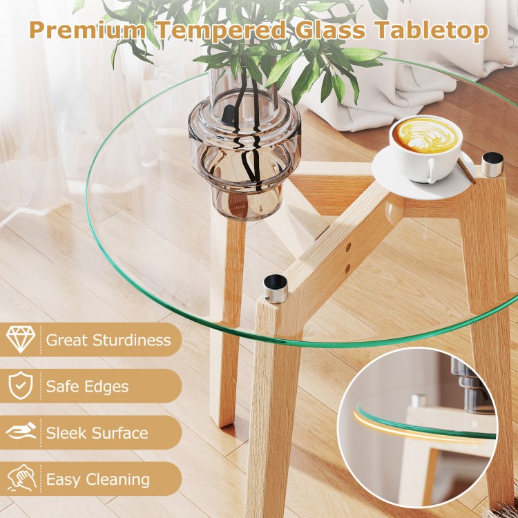 Round tempered glass end table with solid rubber wood legs, ideal for living room or bedroom use, featuring a sleek.