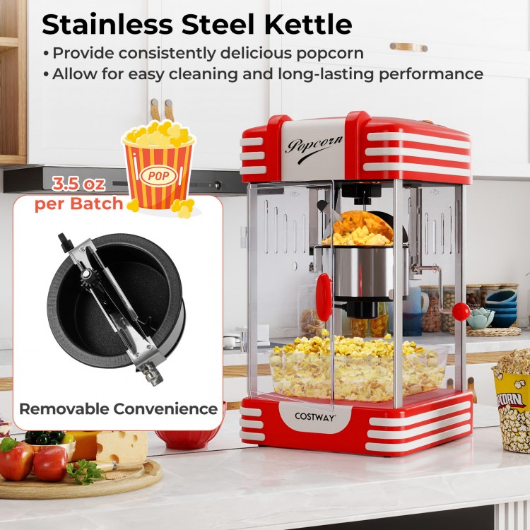 Theater style countertop popcorn maker with red design and 19 oz stainless steel kettle for easy cleaning and fast.