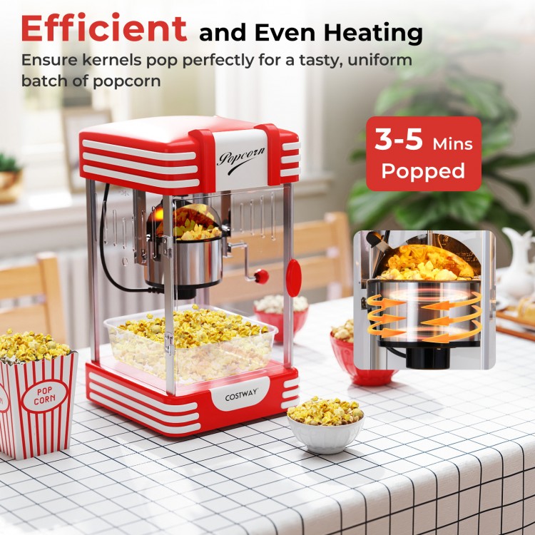 Theater style countertop popcorn maker in red with stainless steel kettle, popping popcorn in 3-5 minutes for quick.