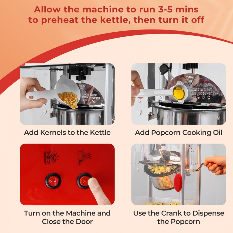 Popcorn maker with stainless steel kettle, showcasing kernel addition and user-friendly operation for quick popcorn.