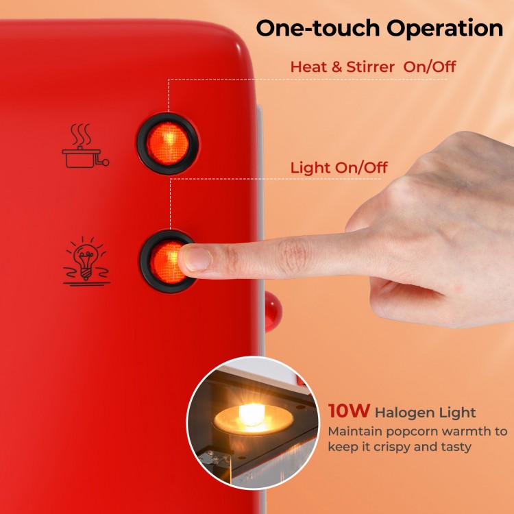 One-touch operation buttons on the red countertop popcorn maker with stainless steel kettle for easy use and efficient.