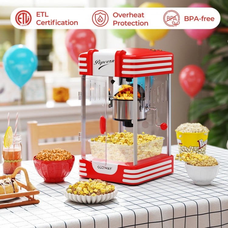 Theater style countertop popcorn maker in red, featuring removable stainless steel kettle for easy cleaning and.