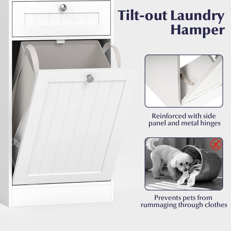 Tilt-out laundry hamper cabinet in white with removable bag, reinforced hinges, and top drawer for bathroom.