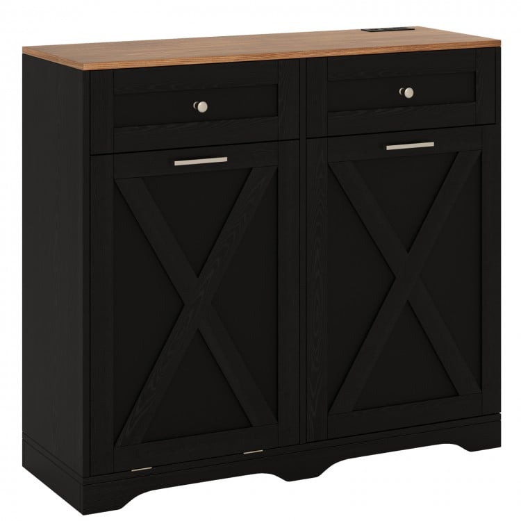 Tilt Out Trash Can Cabinet in black with wood top, featuring dual shelves, outlets, and rustic barn-style doors for.