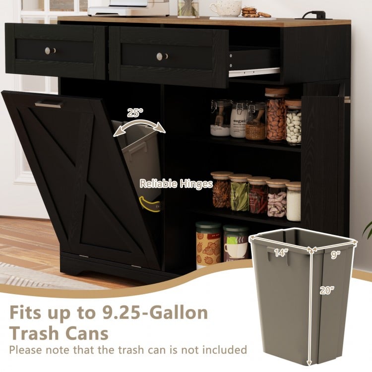Tilt-out trash can cabinet in black with adjustable shelf, designed for 9.25-gallon cans, featuring rustic barn-style.