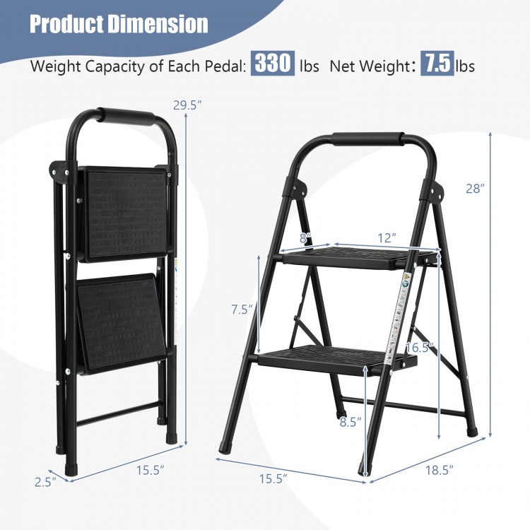 2-step ladder with wide anti-slip pedals, heavy-duty metal frame, and compact design for home and office use.