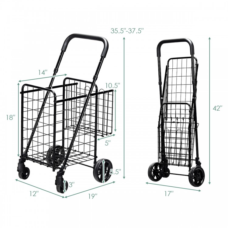 Folding shopping cart with adjustable handle, two baskets for secure storage, ideal for grocery runs and urban living.