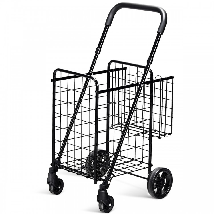 Folding shopping cart with adjustable handle, two baskets for secure storage, lightweight design for easy transport.