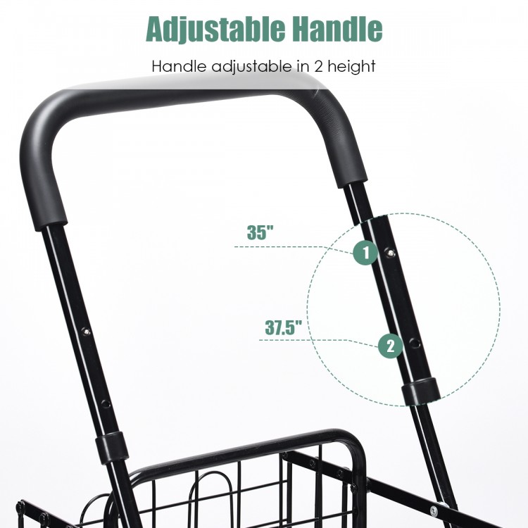 Adjustable handle of the black folding shopping cart, height adjustable from 35" to 37.5" for user convenience.
