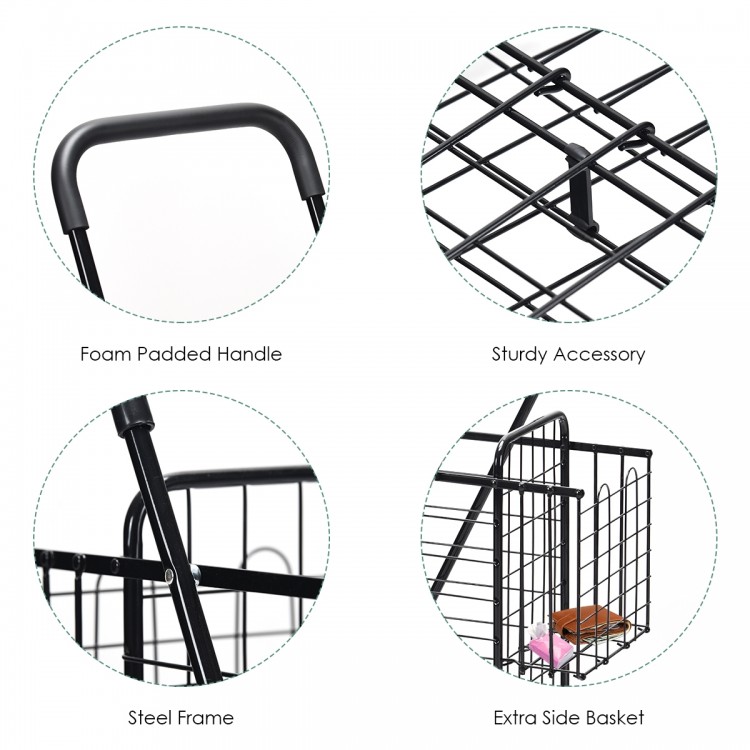 Folding shopping cart features a sturdy steel frame, foam padded handle, and extra side basket for convenient storage.