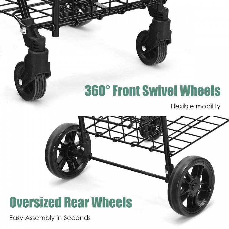 Front and rear wheel details of the black folding shopping cart with adjustable handle for easy mobility and storage.