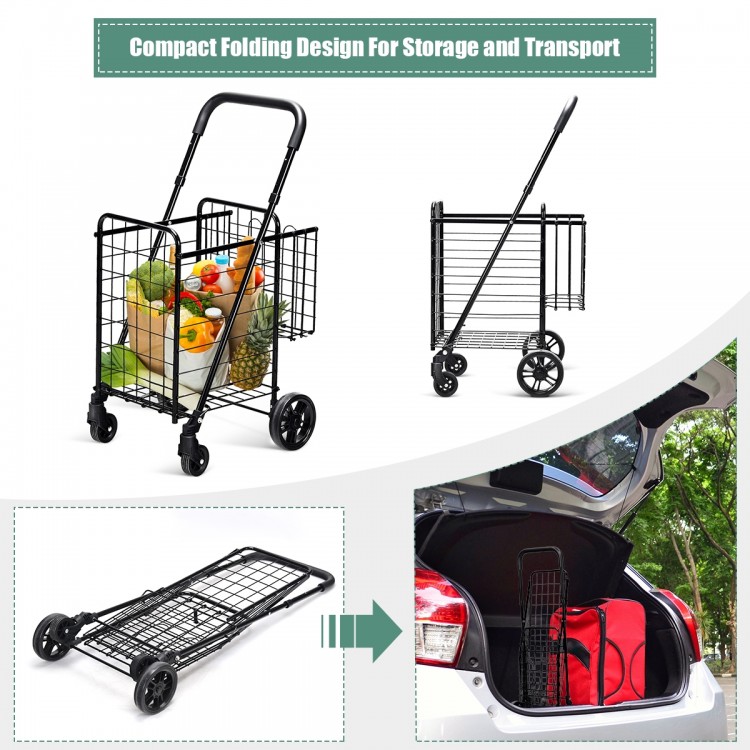 Folding shopping cart with adjustable handle, featuring two baskets for convenient storage and transport of groceries.