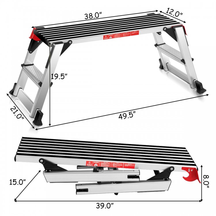 Folding aluminum step stool ladder with non-slip rubber pads, ideal for home and office tasks, measures 38" x 12".
