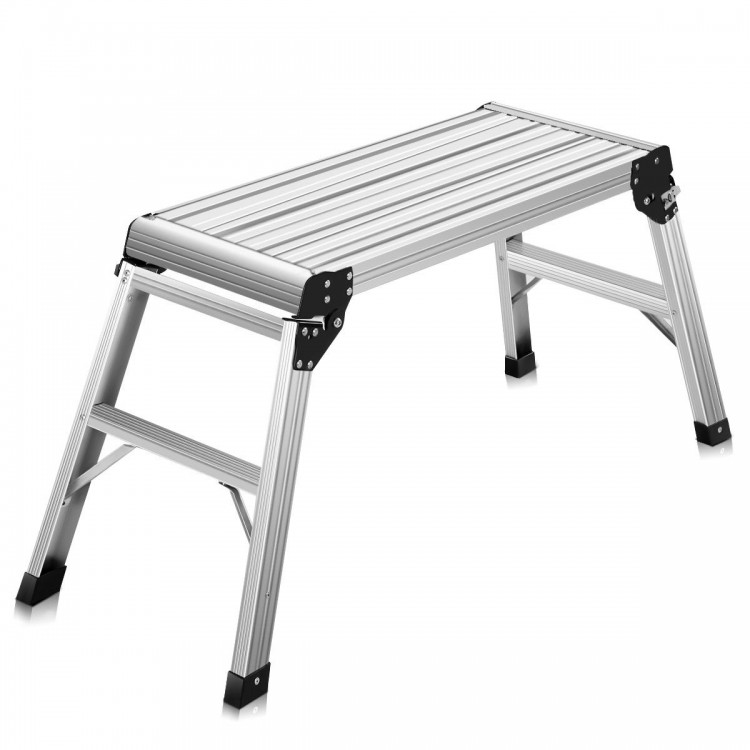 Heavy duty portable aluminum folding step ladder viewed from above, showcasing its compact, space-saving design and.