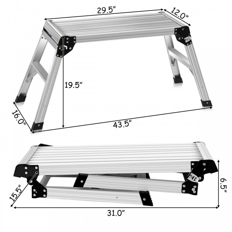 Heavy duty portable aluminum folding step ladder with locking legs and skid-resistant feet for safety and stability.