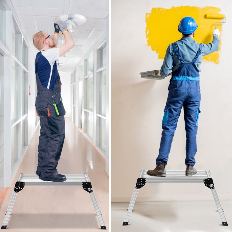 Heavy duty portable aluminum folding step ladder with skid resistant feet, ideal for maintenance and DIY tasks.