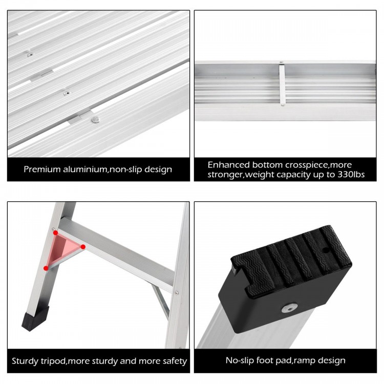 Heavy duty portable aluminum folding step ladder with skid-resistant feet and sturdy tripod design for safety and.