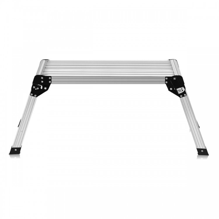 Heavy duty portable aluminum folding step ladder shown from the front, highlighting its durable design and space-saving.