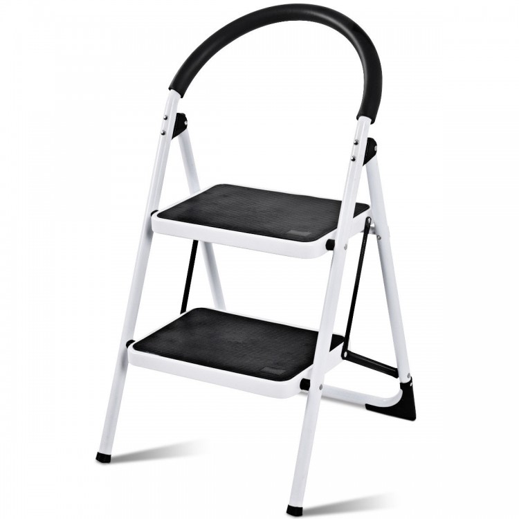 Folding step stool with iron frame and anti-slip pedals, designed for safety and easy storage, ideal for home tasks.