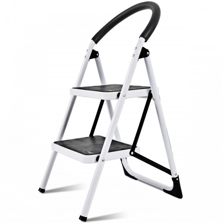 Folding step stool with iron frame, anti-slip pedals, and armrest, ideal for home and office tasks, supports 330lbs.