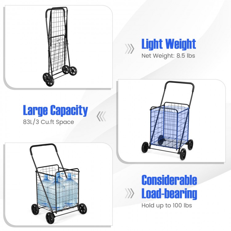 Portable folding shopping cart in black with large capacity, durable steel frame, and easy maneuverability for.