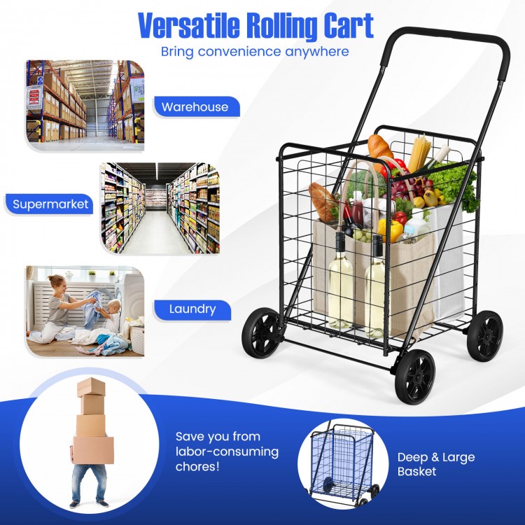 Portable folding shopping cart with a spacious oversized basket, durable steel frame, and large rear wheels for easy.