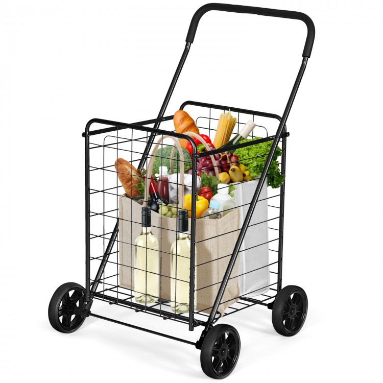 Portable folding shopping cart in black with spacious basket and large rear wheels, ideal for grocery and laundry tasks.