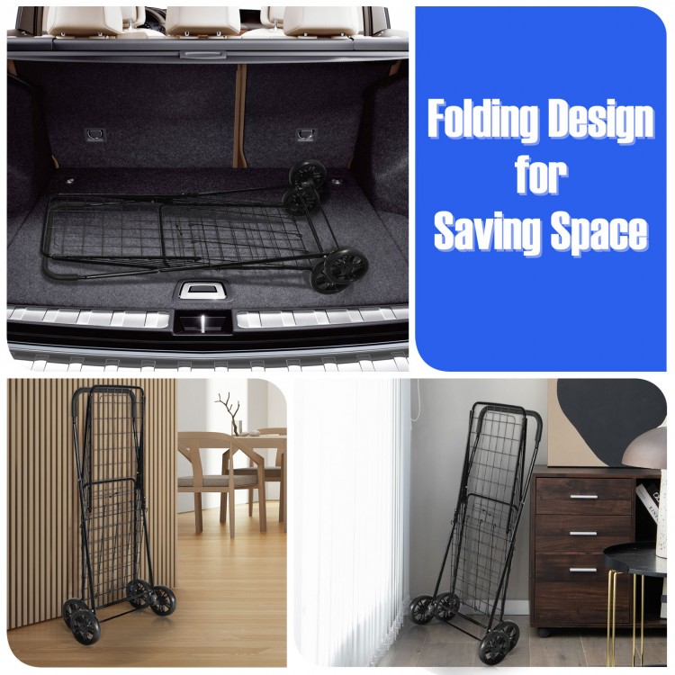 Portable folding shopping cart with a spacious basket and large rear wheels, ideal for grocery and laundry tasks.