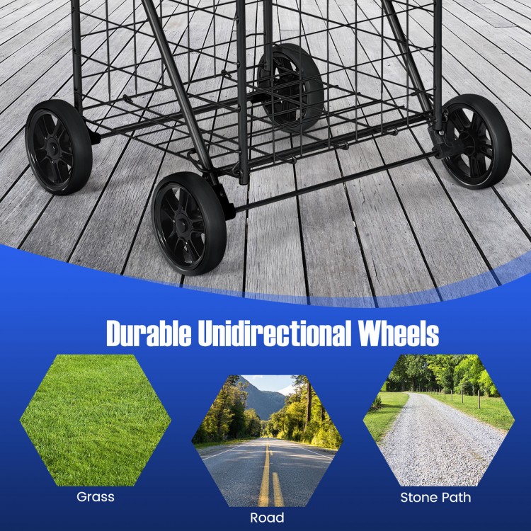 Durable unidirectional wheels of the portable folding shopping cart for easy maneuverability on various surfaces.