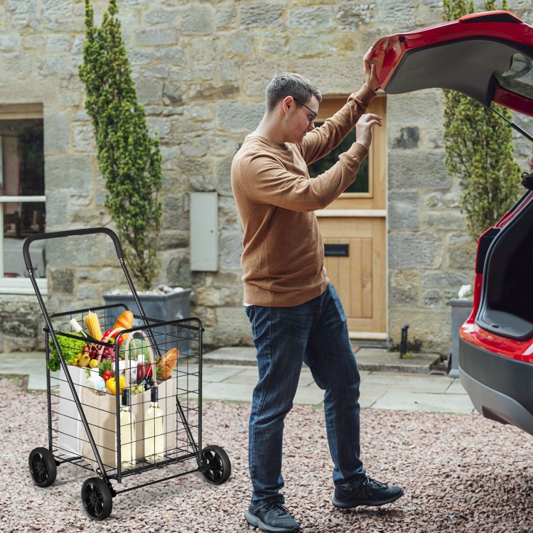 Portable folding shopping cart in black with oversized basket, ideal for grocery runs and easy maneuverability.