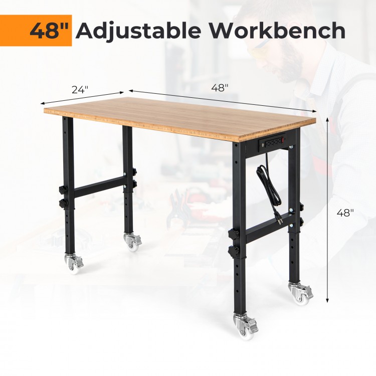 Side view of the 48" adjustable height mobile workbench with natural bamboo top, showcasing its sturdy metal frame and.