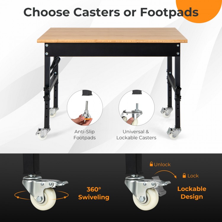 Adjustable height mobile workbench with natural bamboo top, featuring lockable casters and anti-slip footpads for.
