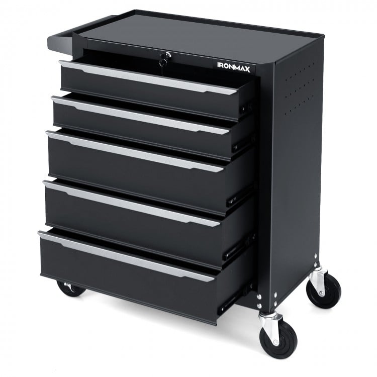 5-drawer black tool storage cabinet with central locking system, swivel wheels, and pre-drilled holes for hooks.