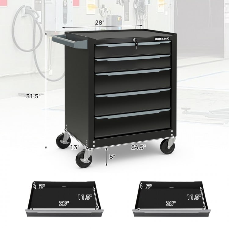 5-drawer tool storage cabinet in black with central locking system and wheels, ideal for garage and workshop use.