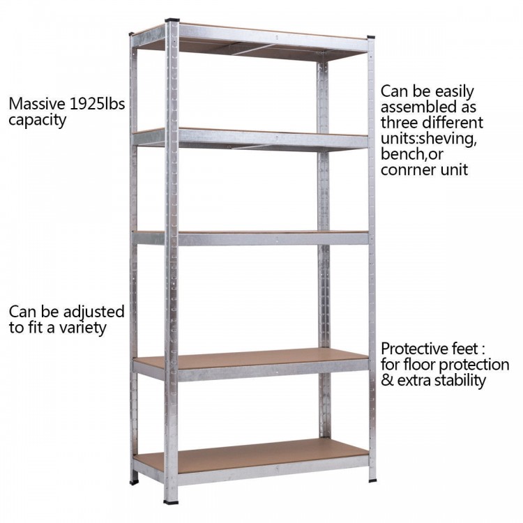 Five-tier adjustable storage shelf made of steel with a 1925lbs capacity, ideal for garage or utility room organization.