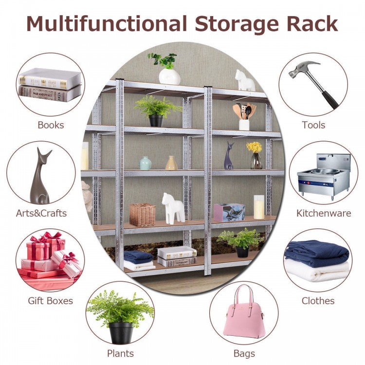 Five-tier adjustable storage rack made of galvanized steel, ideal for organizing tools and supplies in various spaces.