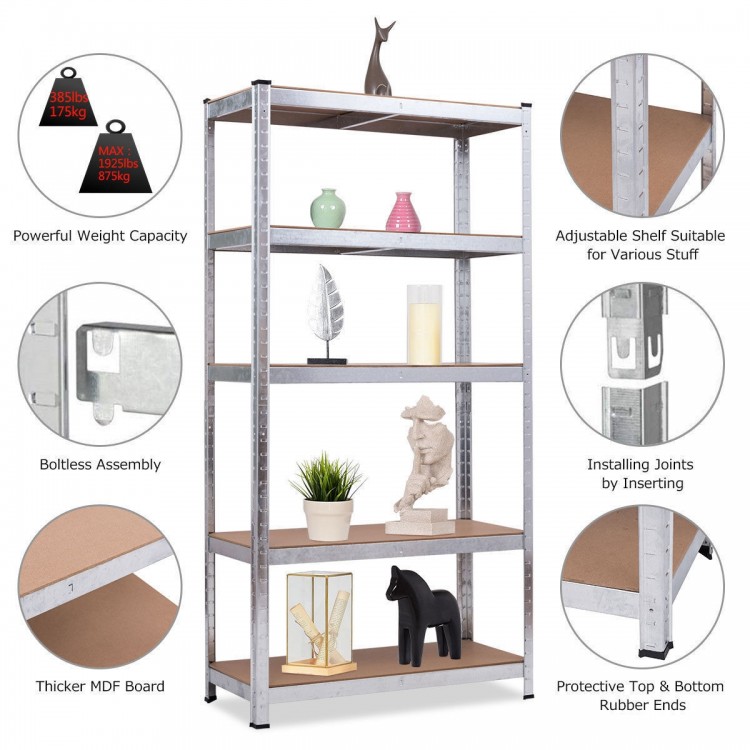 Five-tier adjustable storage shelf made of steel and MDF, ideal for garage or utility room organization.