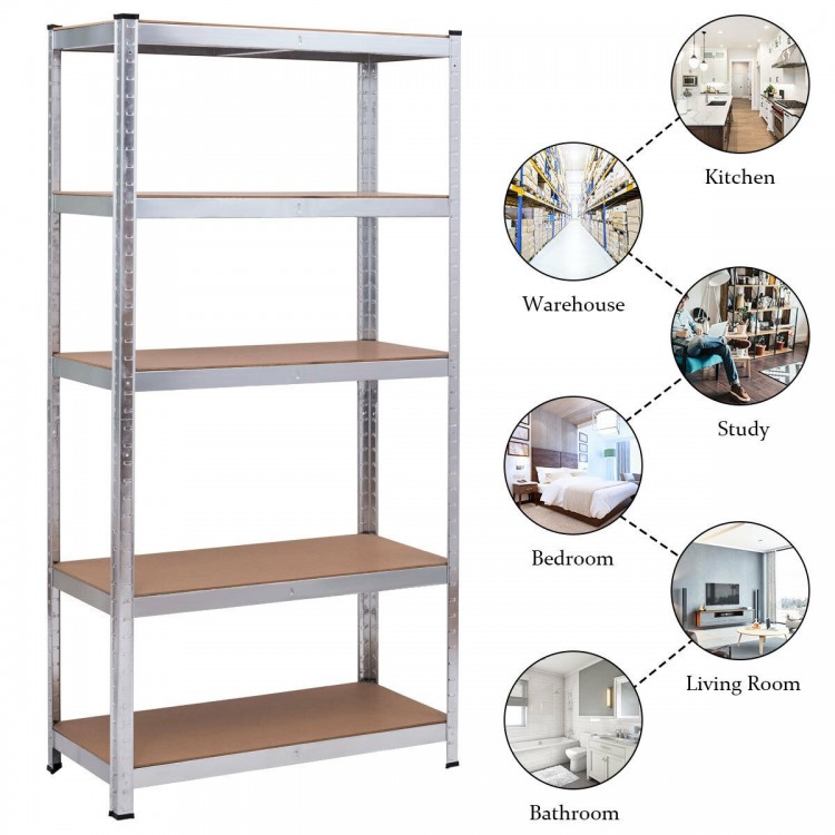 72-inch adjustable storage shelf with 5 levels, made of steel and MDF, ideal for organizing in kitchens and garages.