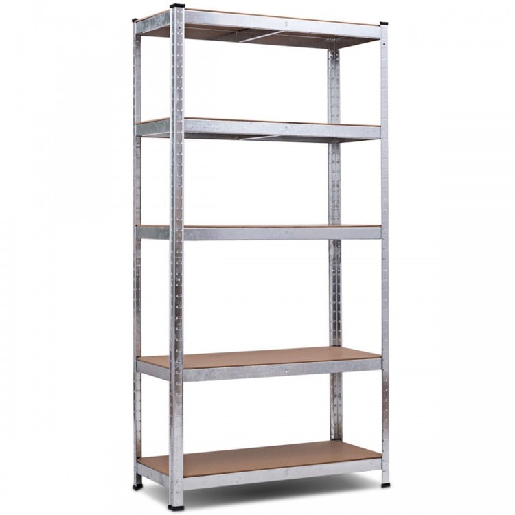 Five-tier adjustable storage shelf made of steel metal, ideal for garage or utility room organization.