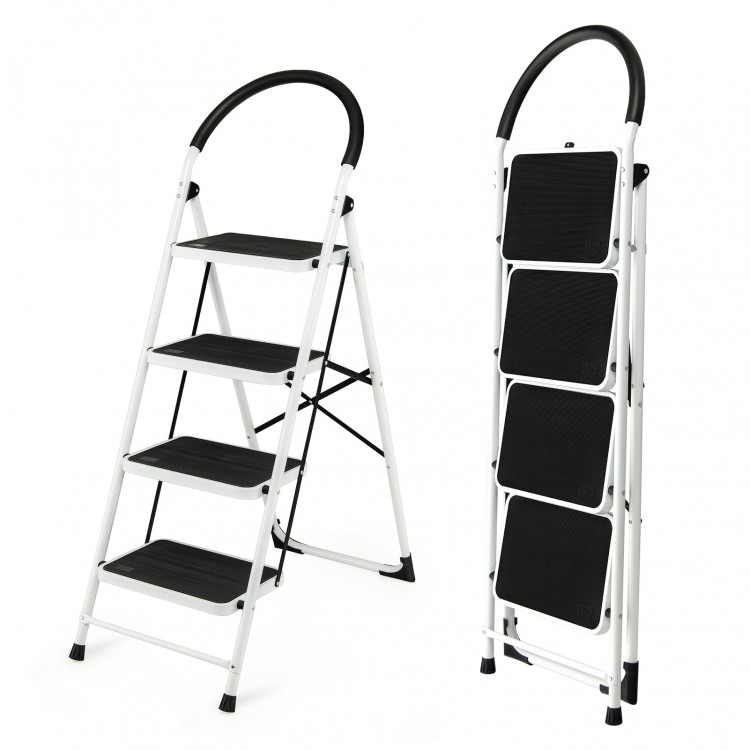 4-step folding ladder with anti-slip pedals, lightweight design, and 330 lbs capacity, ideal for home and office tasks.