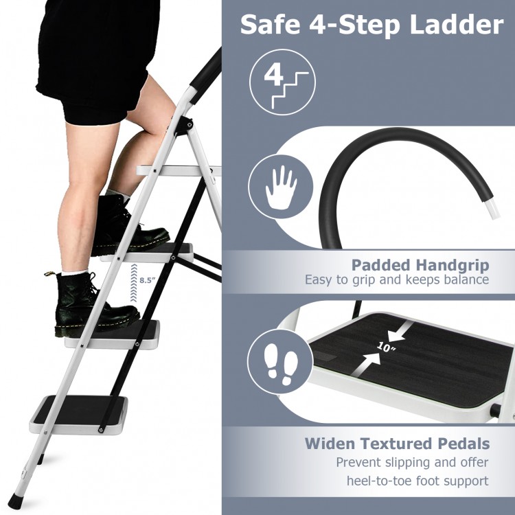 4-step folding ladder with anti-slip pedals and padded handgrip, ideal for home and office tasks, supports 330 lbs.