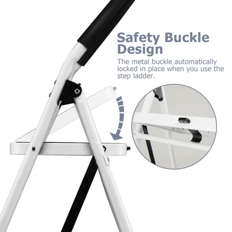 Close-up of the safety buckle design on a 4-step folding ladder with anti-slip pedal platform for secure use.
