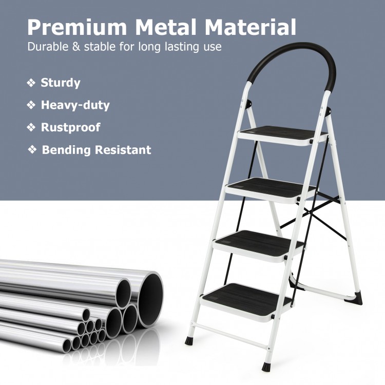 4-step folding ladder with anti-slip pedal platform, sturdy metal construction, ideal for home and office tasks.