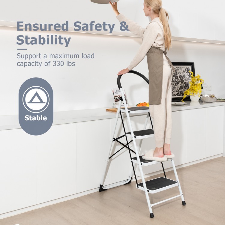 4-step folding ladder with anti-slip platform, 330 lbs capacity, ideal for kitchen and home tasks, featuring safety.