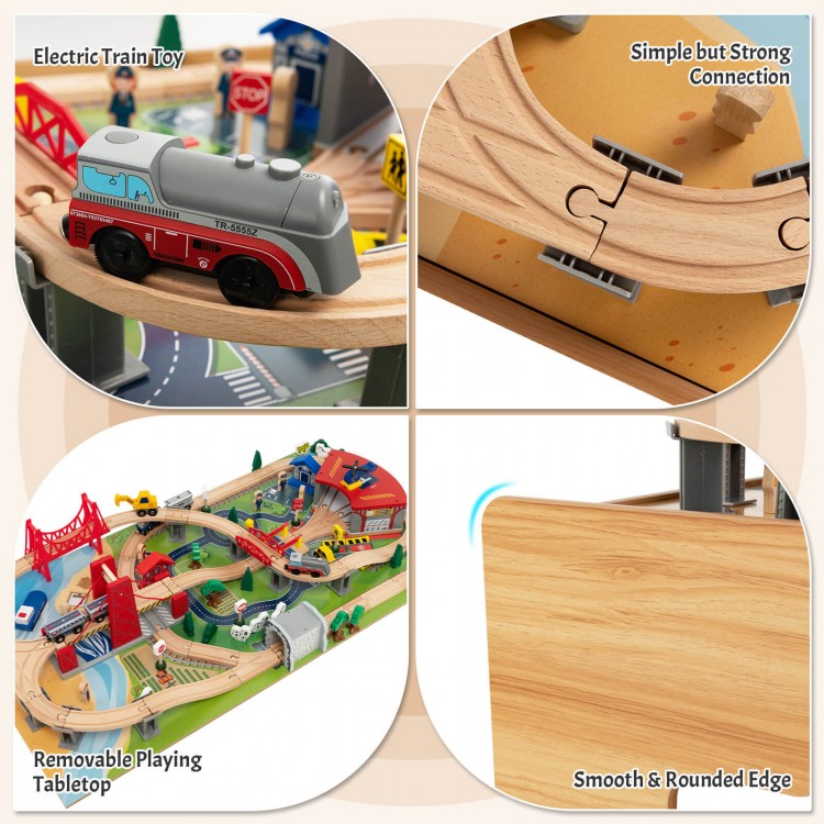 Electric train toy with removable tabletop, featuring wooden tracks and accessories for imaginative play and storage.
