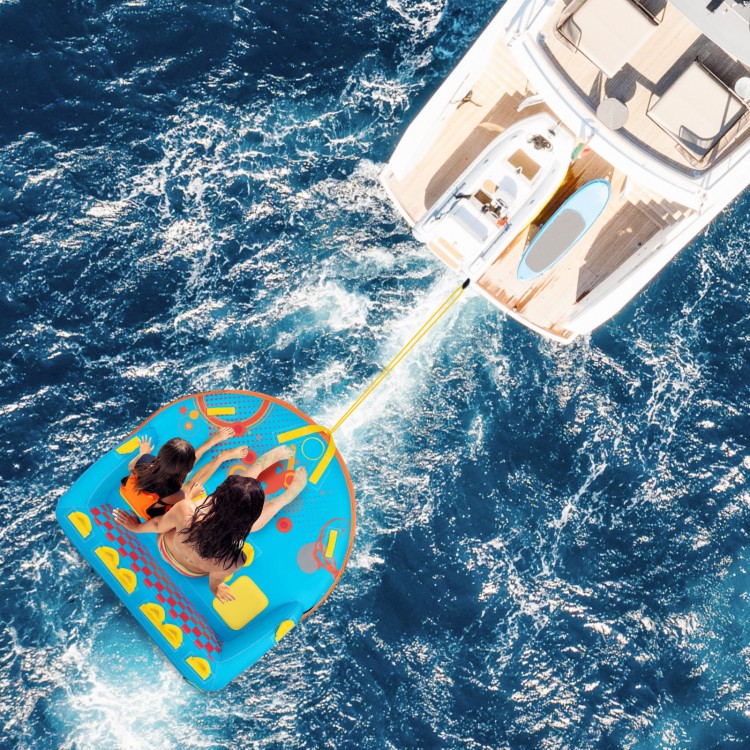 Towable tube for 3 riders with nylon cover, featuring a comfortable backrest, being towed behind a boat on water.