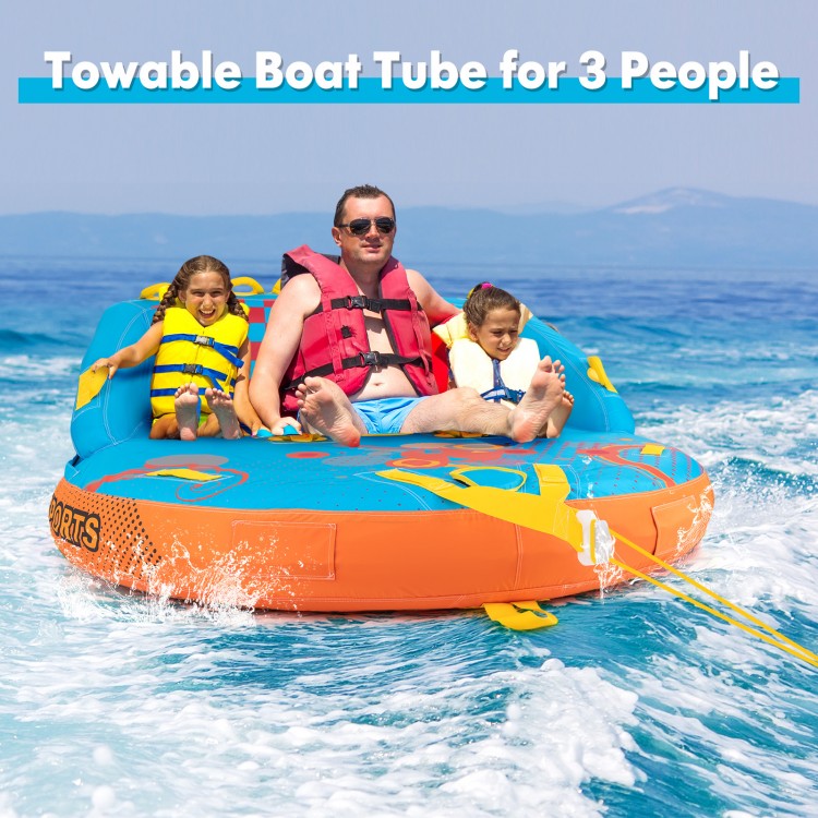 Towable boat tube for 3 people with nylon cover, designed for comfort and stability during water sports adventures.