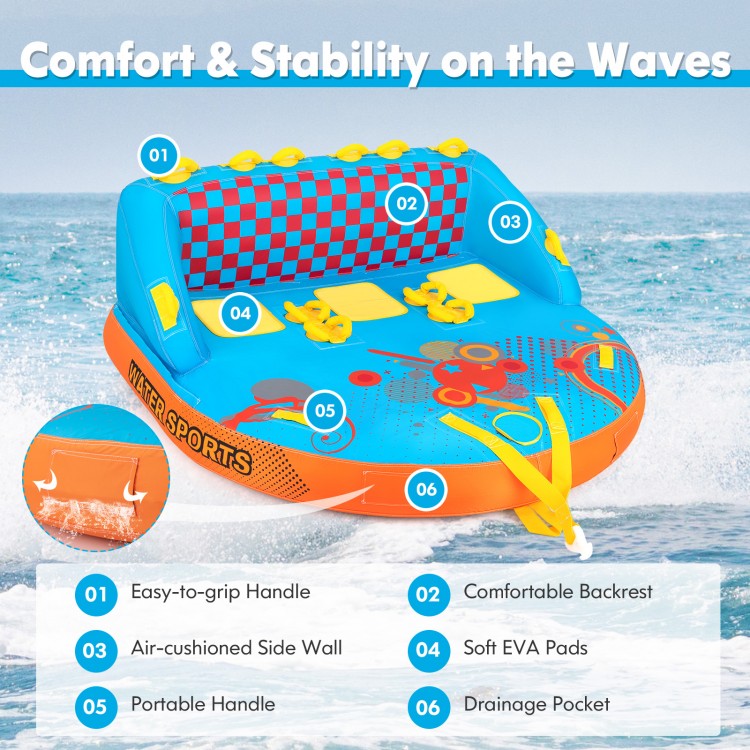 Towable tube for 3 riders featuring a nylon cover, comfortable backrest, and air-cushioned side walls for water sports.