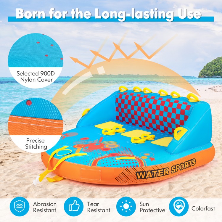 Inflatable towable tube for 3 riders with 900D nylon cover, featuring comfortable backrest and dual towing points.