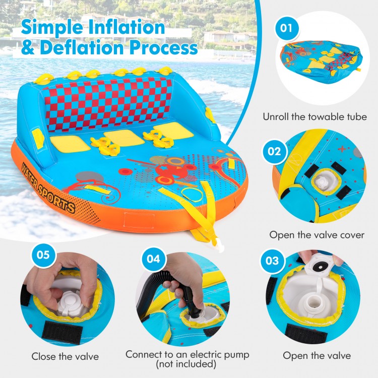 Inflatable towable tube for 3 riders with durable nylon cover, featuring easy inflation and comfortable backrest for.